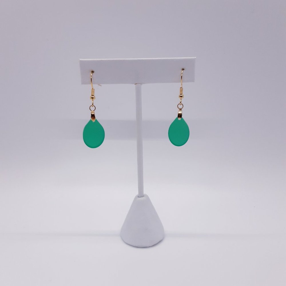 Green | Jade Green | Frosted | Sea Glass-Inspired | Teardrop | Dangle | Earrings - Picture 2 of 4